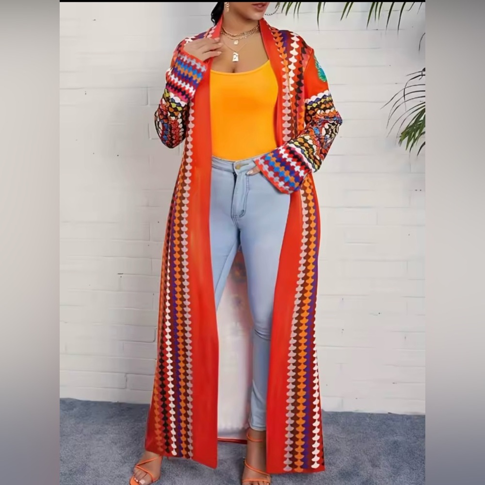 Women's Orange Patterned Long Trench Coat
